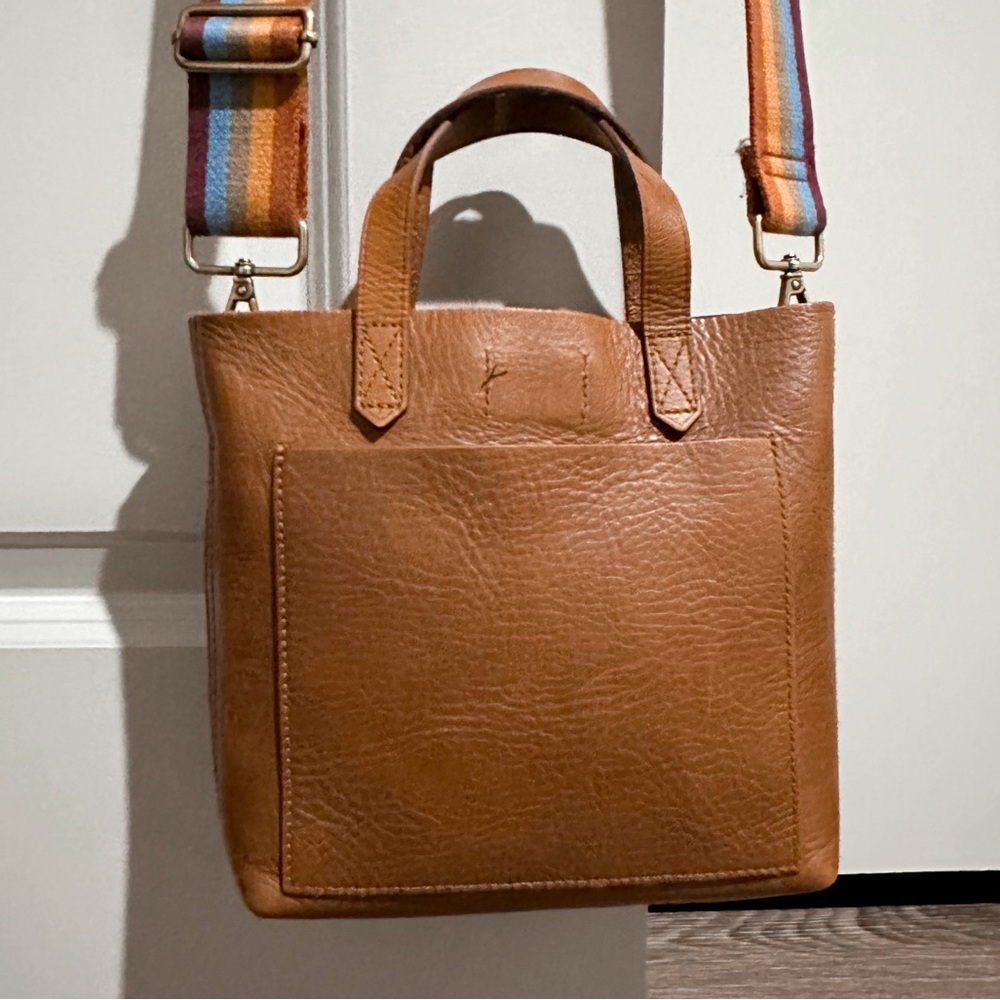 Madewell Small Brown Leather Transport Tote Crossbody with rainbow strap